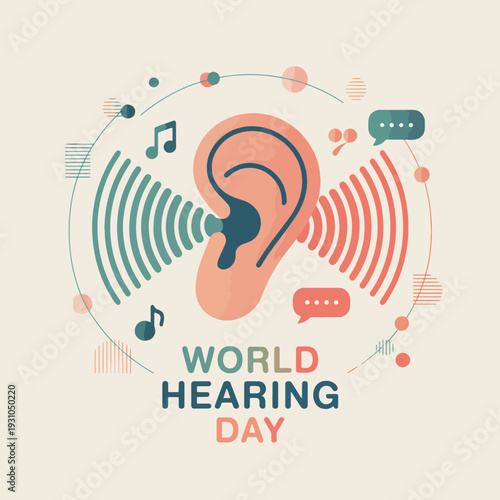 Hearing Day with ear and sound waves, hearing awareness music notes