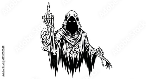 Grim Reaper Giving Middle Finger, Spooky Skeleton Hand Illustration