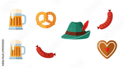 Oktoberfest Icons: Beer, Pretzel, Sausage, Hat, Gingerbread Heart