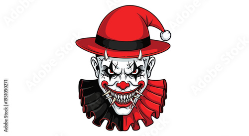 Scary Clown Face with Devil Horns, Red and Black Costume, Horror Character Illustration