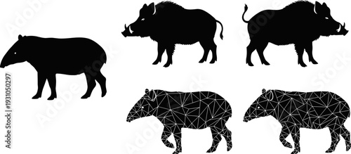 Wild animal silhouettes set, boar and tapir polygon vector illustration isolated design graphic element collection bundle