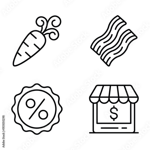 Retail and Grocery Shopping Line Icons: Market, Produce, Discounts, and Consumer Goods Vector Symbols for E-commerce and Food Business.