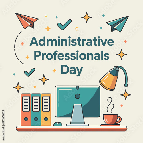 Administrative Professionals Day celebration with an office desk, flying paper planes, a mouse, and a keyboard
