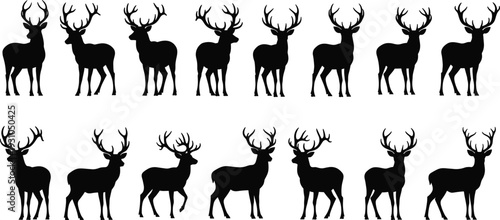Deer silhouettes set, stag wildlife animal vector illustration, forest elk isolated clipart collection nature graphic design element