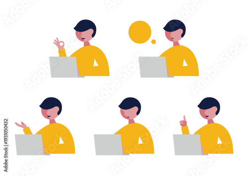 パソコンと左向き男性のイラストセット素材