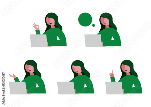 パソコンと左向き女性のイラストセット素材