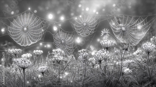 Intricate spider webs among dewy wildflowers in serene meadow at dawn