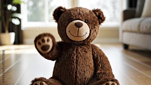 Cute brown teddy bear waving hand on wooden floor