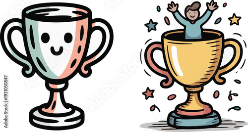 Trophy awards with smiling faces and celebratory elements