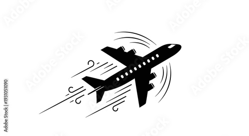 Silhouette of a jet airplane taking off with speed lines and wind effect, symbolizing travel and speed.