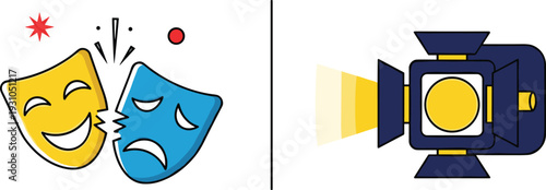 Colorful theater masks illustration featuring comedy and tragedy symbols with decorative elements and stage spotlight, perfect for drama, performance, acting, and theatrical arts design projects.