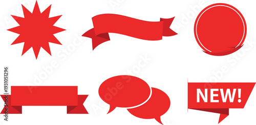 Set of red promotional ribbons starburst stickers and speech bubble banners isolated on white background, sale marketing tags and retail discount labels vector illustration