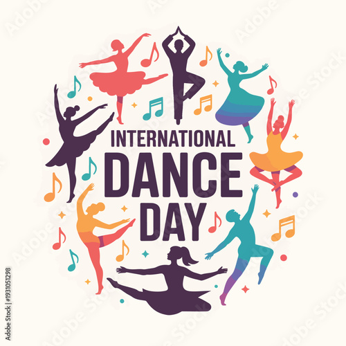 International Dance Day, colorful silhouettes of dancers and music notes dancing ballet