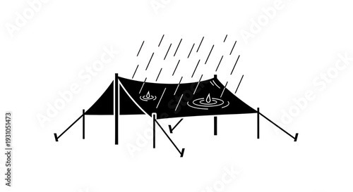 Black silhouette of a tarp in the rain, with water puddles forming on top.