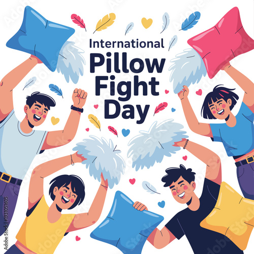 Four diverse people joyfully celebrating International Pillow Fight Day with pillows and feathers