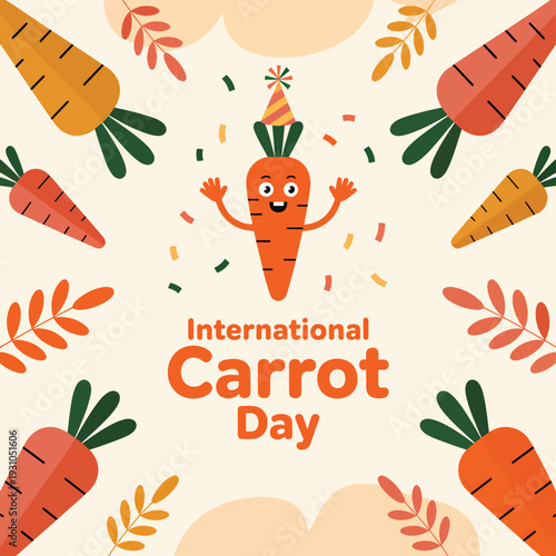 Cheerful cartoon carrot character celebrating International Carrot Day with confetti celebration