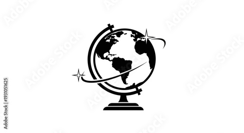 Global Travel Icon: Globe with Stars and Orbiting Lines, Symbolizing Journey and Exploration