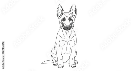 German Shepherd Puppy Sitting Black and White Line Drawing
