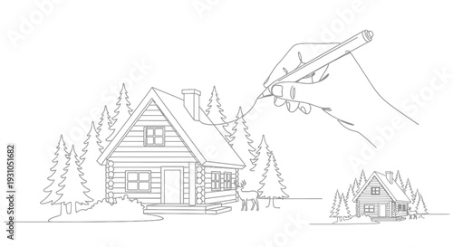 Hand Drawing Log Cabin in Forest with Deer, Architectural Sketch Concept