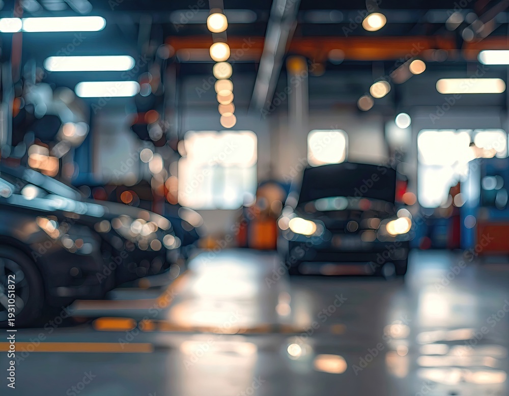 Fototapeta premium Blurred auto repair shop, cars, overhead lights, open hood