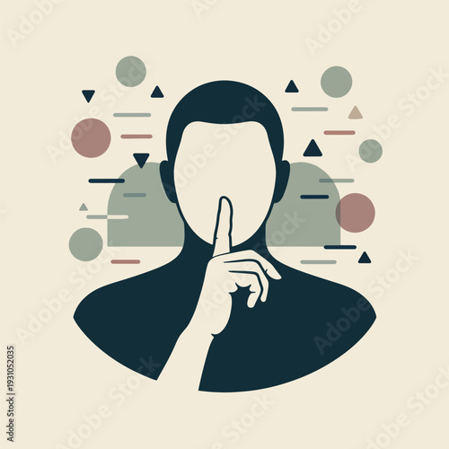 Silhouette of a person with a finger on their lips against an abstract geometric background, silence, quiet secret