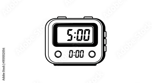 Digital Kitchen Timer Displaying 5:00, Isolated Black and White Line Art