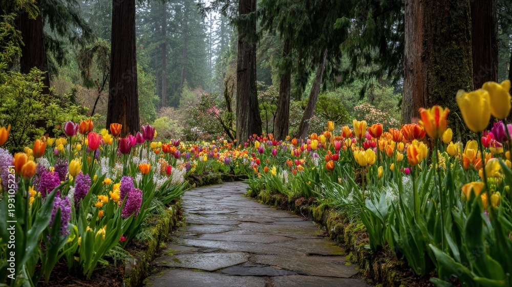 Fototapeta premium Vibrant Tulip Garden Path: A Serene Stone Walkway Through a Colorful Floral Display in Lush Forest