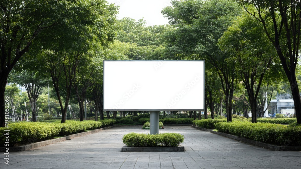 Fototapeta premium Billboard Mockup in Park Setting: Advertising Space for Marketing and Promotion, Surrounded by Green Trees