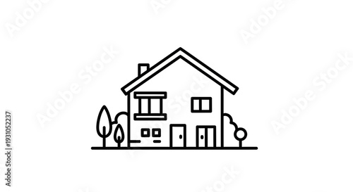 Minimalist House Icon: Simple Line Art of a Modern Home with Trees