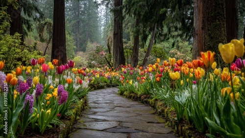Wallpaper Mural Vibrant Tulip Garden Path: A Serene Stone Walkway Through a Colorful Floral Display in Lush Forest Torontodigital.ca
