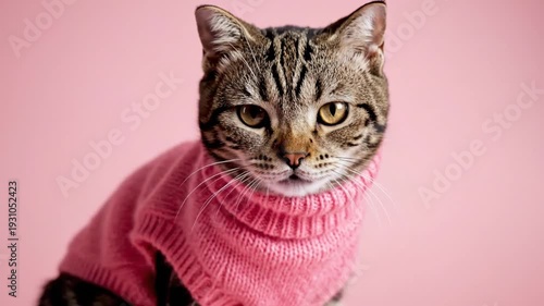 Cute tabby cat wearing a pink sweater on pink background