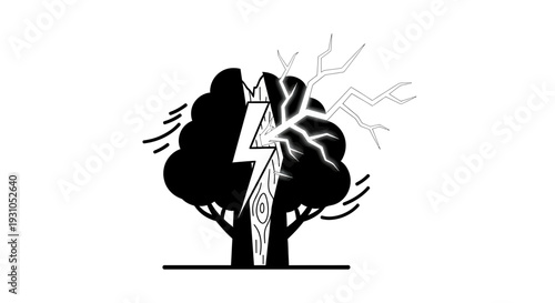 Lightning Strike Splits Tree in Half, Symbolizing Destruction and Resilience