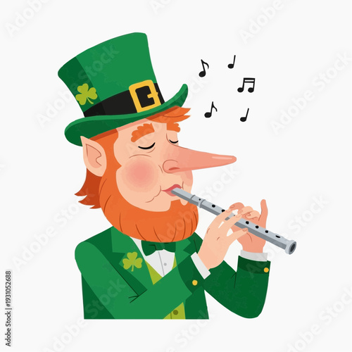 Leprechaun playing a flute with musical notes, St. Patrick's Day theme