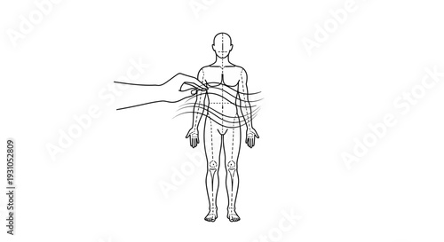 Hand measuring chest circumference on a human body outline, medical or fitness concept