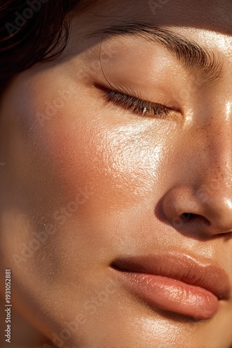 Wallpaper Mural Close-up portrait of a woman's face, highlighting natural healthy skin with a gentle sunlit glow Torontodigital.ca