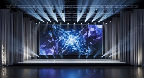 Contemporary performance stage illuminated by vibrant spotlights and a grand LED screen displaying an abstract digital design, poised for an immersive live event or presentation