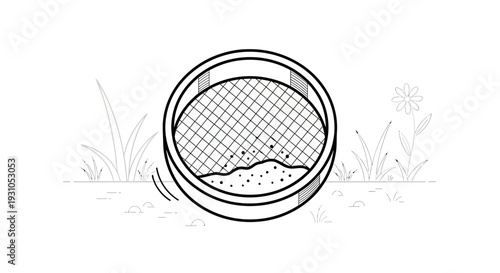 Sifting Soil in Garden: Close-up of Sieve with Dirt and Grass, Outdoor Scene