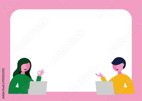 パソコンとディスカッションする男女のイラスト素材（横長）