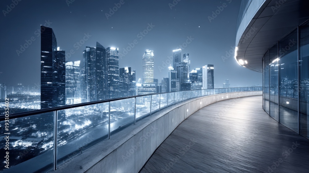 Fototapeta premium Modern Cityscape View at Night from High-Rise Balcony with Illuminated Skyline and Contemporary Architecture