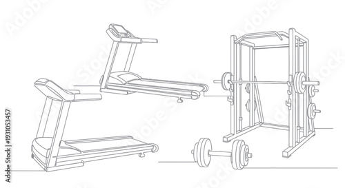 Gym Equipment Line Art: Treadmills and Smith Machine with Weights