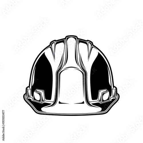 Black and white illustration of a construction hard hat on a white background