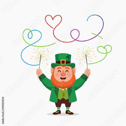 Happy leprechaun with colorful sparklers and swirling heart shapes