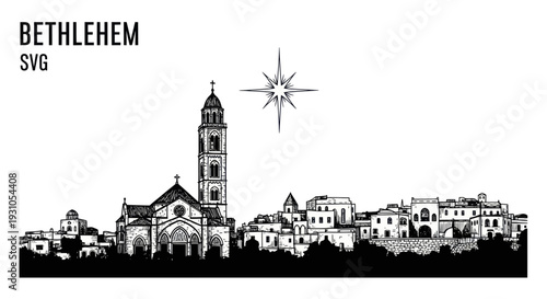 Bethlehem Skyline Silhouette with Star of Bethlehem, Religious Landmark