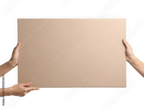 Cardboard box held by hands isolated on a transparent background holding package