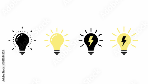 Set of four light bulb icons in different states.
