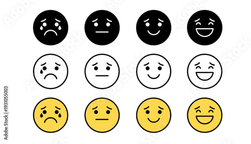 Set of diverse emoticon faces in black, white, and yellow.