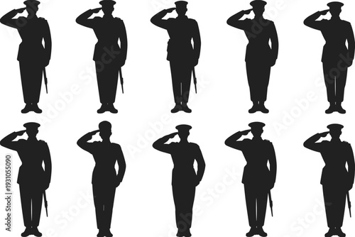 Ten black silhouettes of military personnel saluting in uniform against a white background