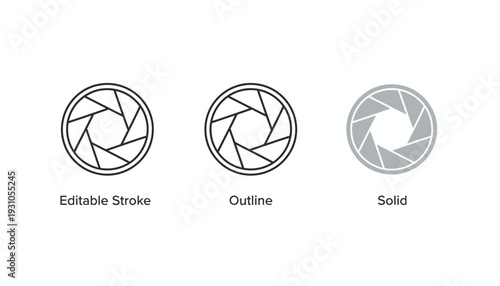 Camera Lens Icons in Various Styles for Graphic Design.