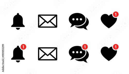 Notification icons set with bell, email, message, and heart symbols.