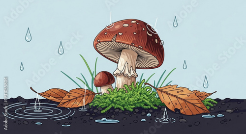 Two brown mushrooms with white spots on a rainy day with green grass and fallen leaves on wet soil